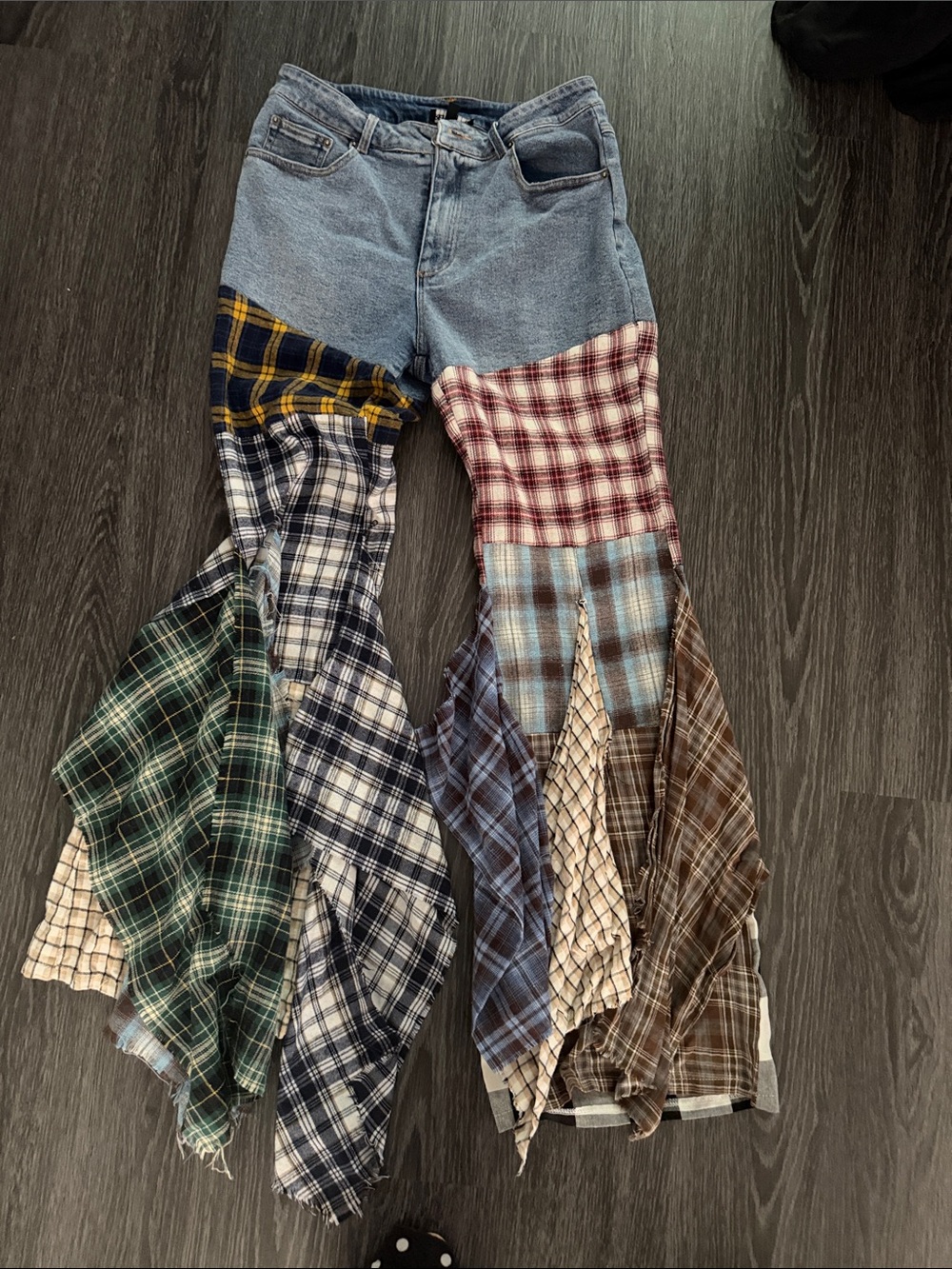 Patchwork Flare Jeans with Multi Plaid Panels - Blue